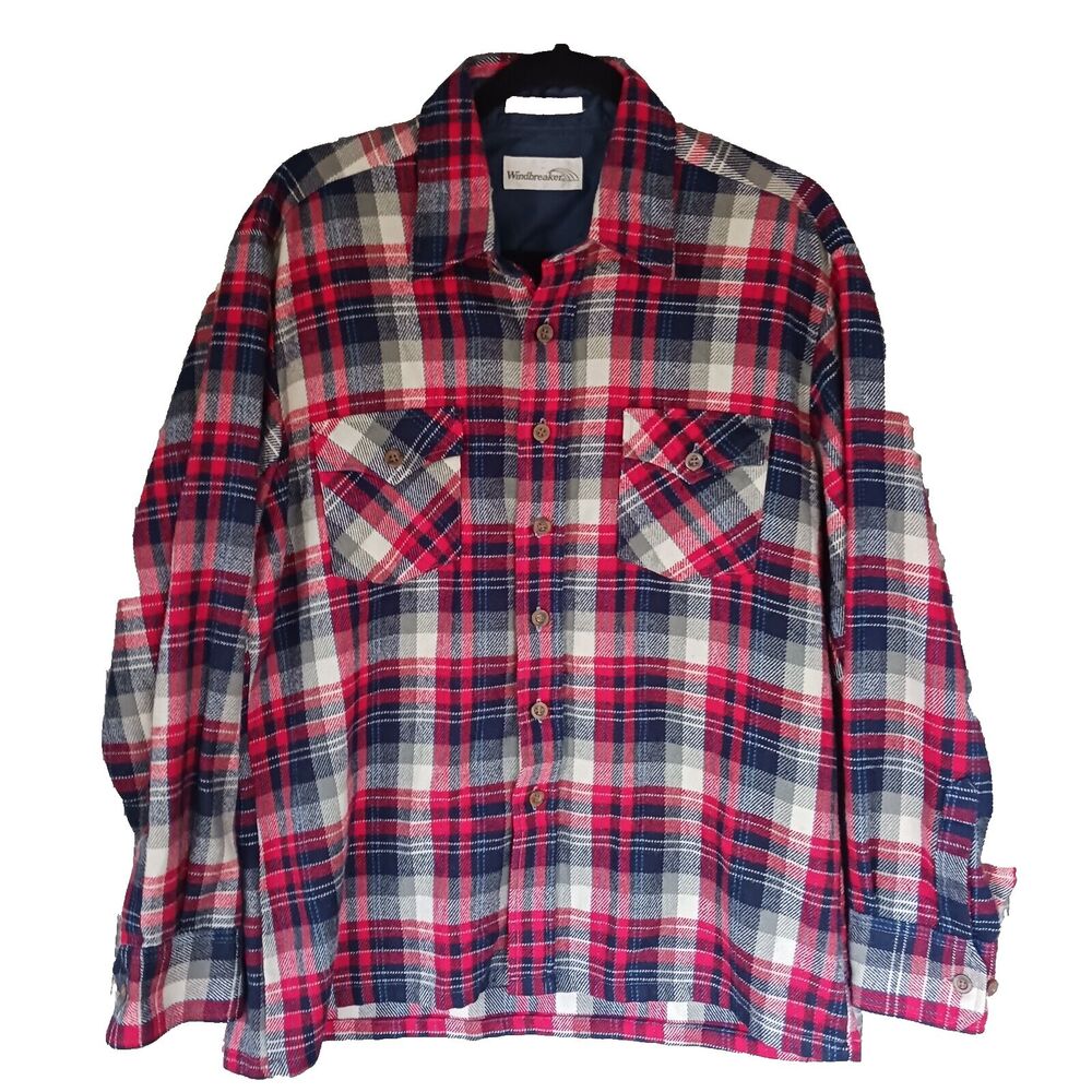 Flannel Shirt Men's Large Vintage 80s 90s Acrylic  Windbreaker Korea Plaid Warm
